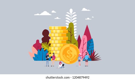 money growth concept over dollar coin stack man and woman together hand hold diversity gadgets ,flat vector illustration