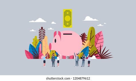 money growth concept over dollar banknote in piggy box background mix race business people communicating ,flat vector illustration