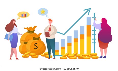 Money growth diagram, vector illustration. Finance investment and strategy for profit, manager man woman character work. Financial chart success, banking budget analysis and cartoon report.