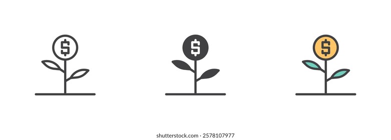 Money Growth different style icon set. Line, glyph and filled outline colorful version, outline and filled vector sign. Money plant symbol, logo illustration. Vector graphics