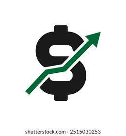 Crescimento monetário. Dólar aumentar ícone gráfico estilo plano isolado no fundo branco. Ilustração vetorial