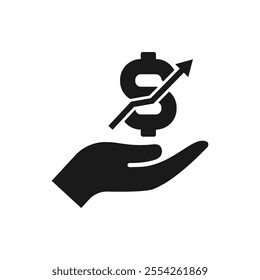Money growth. Dollar increase chart on hand icon flat style isolated on white background. Vector illustration