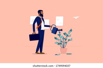 Money Growth - Ethnic Businessman Watering A Plant Of Dollar Bills In Office, Dressed For Success, Financial Freedom And Successful Minority Concept. Vector Illustration.