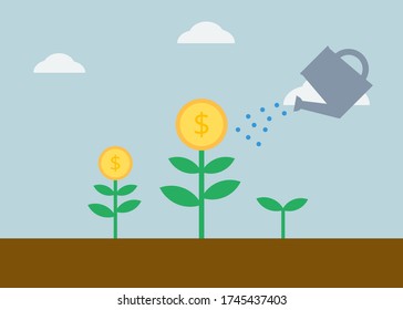 Money Growth. Finance And Investment Concept. Wealth Creation. Watering Money Trees. Flat Illustration.