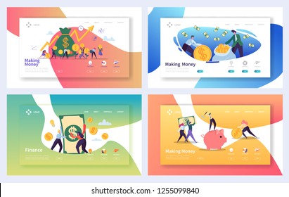 Money Growth Financial Landing Page Set. Making Cash Profit Investment Characters. Increase Savings Deposit for Website or Web Page. Flat Cartoon Vector Illustration