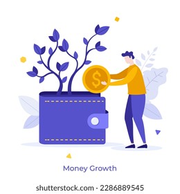 Money Growth flat concept vector illustration. Investment for savings increasing. Man with coinand wallet cartoon character on white background . Creative idea for website, mobile and presentation