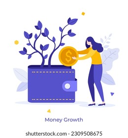 Money Growth flat concept vector illustration. Investment for savings increasing. Woman with coinand wallet cartoon character on white background . Creative idea for website, mobile and presentation