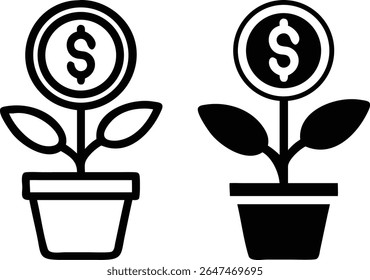 Money Growth Icon Set – Black and White Investment Plant Symbol Vector Illustration