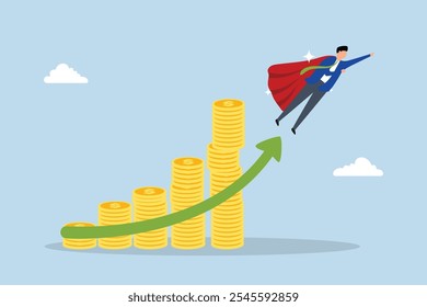 Crescimento do dinheiro investimento crescente lucro, sucesso empresário super-herói voando acima dinheiro moedas pilha.