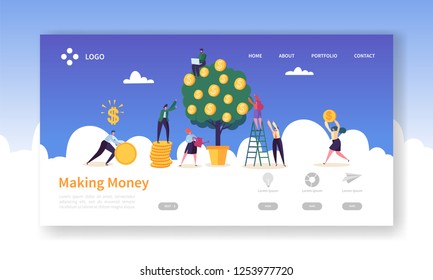 Money Growth Investment Landing Page Template. Business Woman Watering Money Tree. Character Team Collecting Golden Coins. Financial Profit Concept for Website. Flat Cartoon Vector Illustration