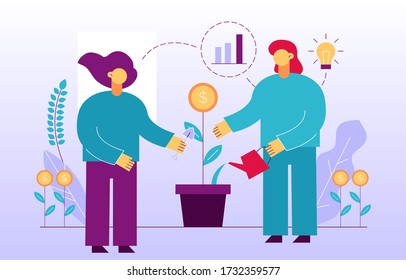 Money growth. Return to financial profit investment. Successful business marketing strategy, advertisement promotion company. Businesspeople planting watering coin flower sprout in pot design