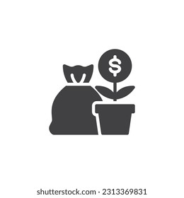 Money growth vector icon. Money bag and plant filled flat sign for mobile concept and web design. Financial growth glyph icon. Symbol, logo illustration. Vector graphics