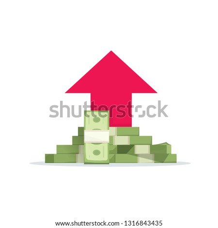 Money growth vector illustration, flat cartoon paper money pile with revenue graph, concept of income increase or earnings, financial boost chart, success capital investment, cash budget isolated