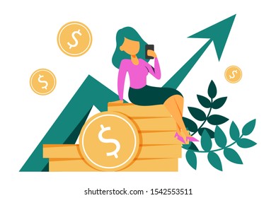 Money growth vector isolated. Woman on the golden coin stack. Economy and finance income investment. Wealth and financial success.