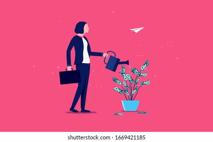 Money growth woman - female person watering a flower with growing cash. Investing, savings and managing money concept. Vector illustration.