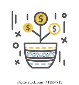 Money Growth.Vector Money tree in a pot.Vector thin line  business money concept icon isolated on a white background. Growth money concept