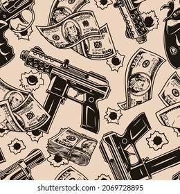 Money and guns vintage seamless pattern in monochrome style with pistol machines revolvers bullet holes and falling one hundred US dollar bills vector illustration