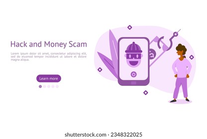 Money Hacking illustration. characters are looking at Money Hacking from Mobile by hackers. cyber money theft concept. vector illustration.
