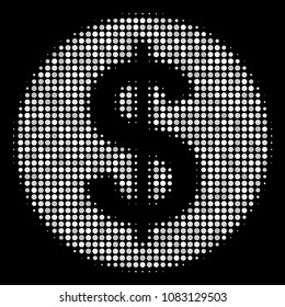 Money halftone vector icon. Illustration style is pixelated iconic money symbol on a black background. Halftone matrix is build with spheric cells.