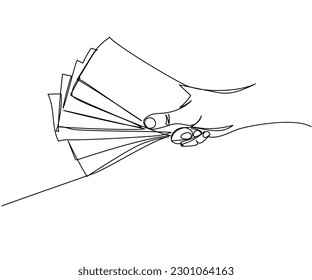 Money in hand, banknotes, dollars, hryvnia, euro one line art. Continuous line drawing of bank, money, finance, financial, payment, data, savings, economic, wealth, credit