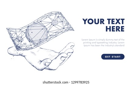 Money with hand. Business illustration in innovation systems analytical. Graphics and development technologies in trade industry. Future technologies geometry style.