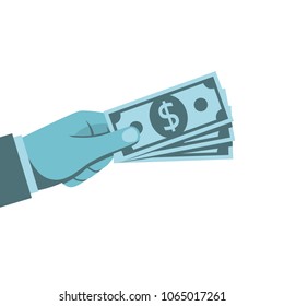 Money in hand. Cash in businessman. Showing, pay, giving banknote. Bucks hold isolated on white background. Vector illustration flat design. Template for financial projects.