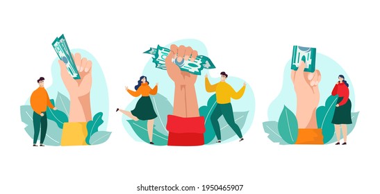 Money in hand concept set, vector illustration. Man woman people character around business finance, flat dollar cash in huge hand.