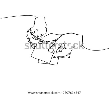 Money in hand, counting money, banknotes, dollars, hryvnia, euro one line art. Continuous line drawing of bank, money, finance, financial, payment, data, savings, economic, wealth, credit