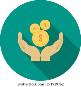 Money, hand, currency, coins icon vector image. Can also be used for banking, finance, business. Suitable for web apps, mobile apps and print media.
