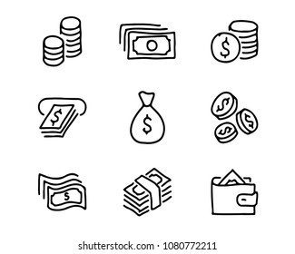 money hand drawn icon set design illustration, hand drawn style design, designed web and app