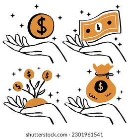 Money and Hand in a hand drawn vector illustration. Line art of investment, asset, money, cash, profit, interest, finance icons set