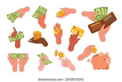 Money in hand. Hands holding coins and banknotes. Various human arm gestures with wallet, palm paying with paper banknote. People saving money in piggy bank, counting money. Vector set.