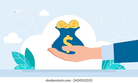 Money. Hand holding money bag full of gold coins. Businessman hand holding a bag filled with gold coins. Donation, sponsorship, bank loan concept with male palm hold full bag. Vector Illustration