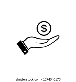Money in hand icon in black. Simple black line hand with money icon symbol in flat style isolated on white background. Dollar in hand vector abstract icon for web site design or button to mobile app.