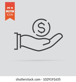 Money in hand icon in flat style isolated on grey background. For your design, logo. Vector illustration.