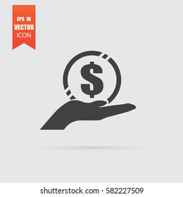 Money in hand icon in flat style isolated on grey background. For your design, logo. Vector illustration.