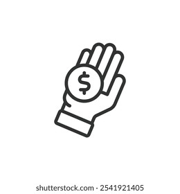Money in hand, icon in line design. Money, hand, cash, finance, payment, wealth, giving on white background vector. Money in hand editable stroke icon