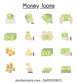 Money and hand icon set in flat color style