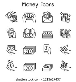 Money & hand icon set in thin line style