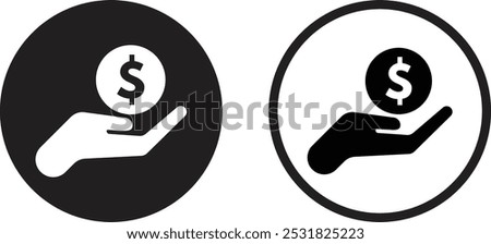 Money in hand icon set in two styles . Money save icon . Dollar sign on hand . Donation funding icon vector