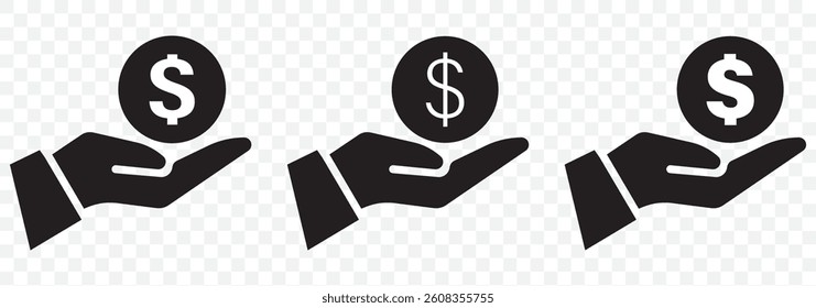 Money in hand icon symbol vector on Transparent Background. Dollar in hand icon. Save money icon. Vector illustration. Salary, sell, money, business, buy, hand glyph icon.  EPS 10.