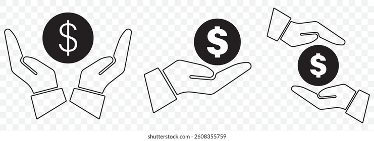 Money in hand icon symbol vector on Transparent Background. Dollar in hand icon. Save money icon. Vector illustration. Salary, sell, money, business, buy, hand glyph icon.  EPS 10.