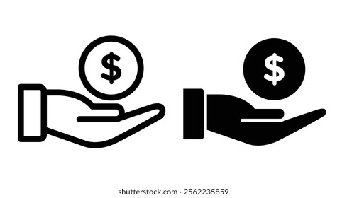 Money in hand Icons pack in outlined and flat versions