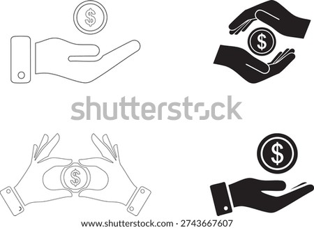 Money in Hand Icons Set Save Money Cash Loan Dollar Coin Budget Earning Revenue Symbols