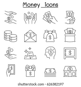 Money & Hand, investment, asset, cash, profit, financial icons set in thin line style