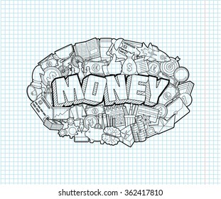 Money - Hand Lettering and Doodles Elements Sketch on Exercise book  page in square Background.Vector illustration