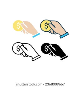 Money in hand. Hand receiving earning in dollar coin. Cash payment for business or banking concept. Hand holding money. Coin, hand, money icon. Vector illustration. Design on white background. EPS 10