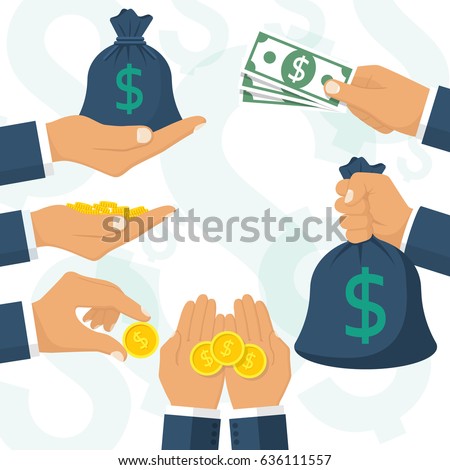 Money in hand set. Bag of cash in businessman hands. Showing, pay, giving coin and banknote. Bucks hold isolated on white background. Vector illustration flat design. Template for financial projects.