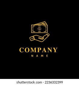 Money, hand, text logo vector design, on black background, top view. Perfect for your business and company logo.