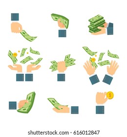 Money in hand. Various kind of money. Packing in bundles of bank notes, bills, gold coins. Flat vector cartoon illustration. Objects isolated on a white background.